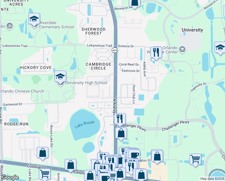map of restaurants, bars, coffee shops, grocery stores, and more near 2709 Graduate Court in Orlando