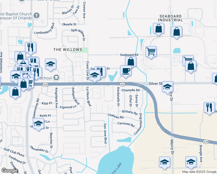 map of restaurants, bars, coffee shops, grocery stores, and more near in Pine Hills