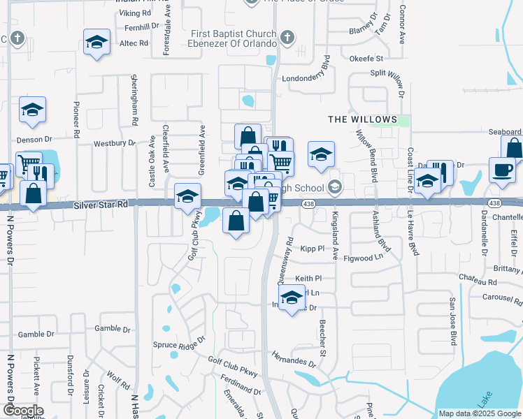 map of restaurants, bars, coffee shops, grocery stores, and more near 5324 Silver Star Road in Pine Hills