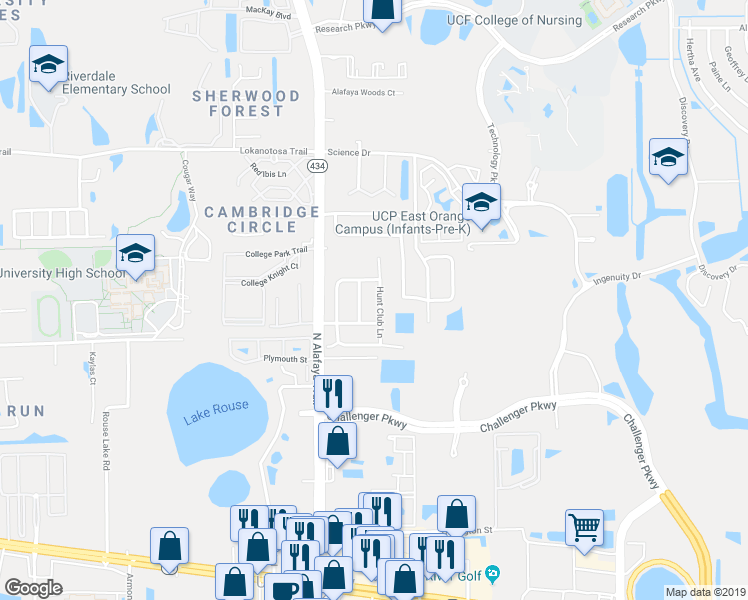 map of restaurants, bars, coffee shops, grocery stores, and more near 2744 Hunt Club Lane in Orlando