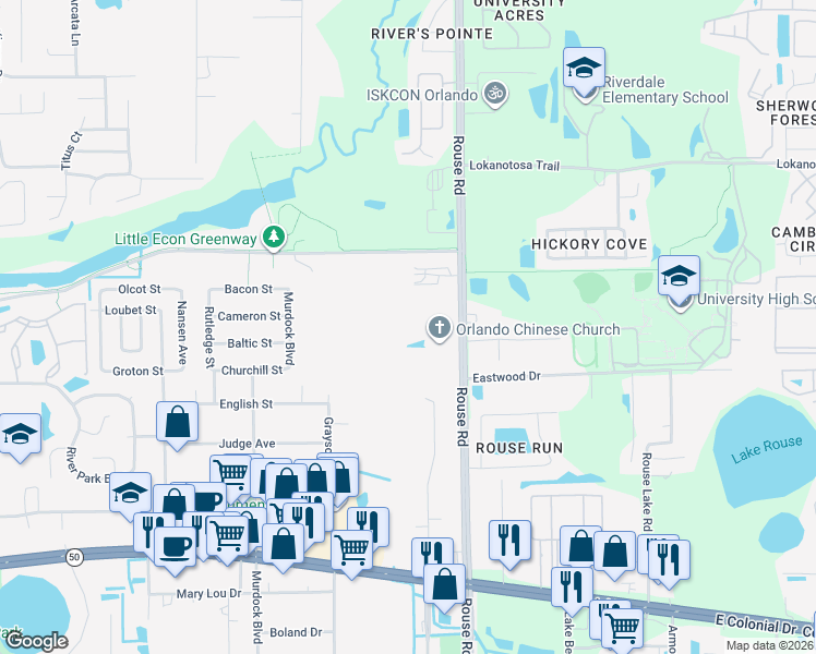 map of restaurants, bars, coffee shops, grocery stores, and more near 2328 Rouse Road in Orlando