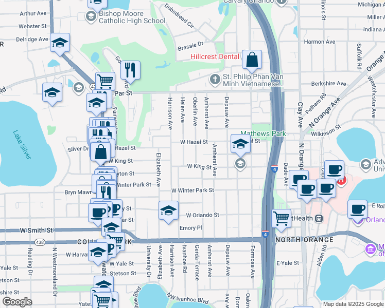 map of restaurants, bars, coffee shops, grocery stores, and more near 2939 Helen Avenue in Orlando