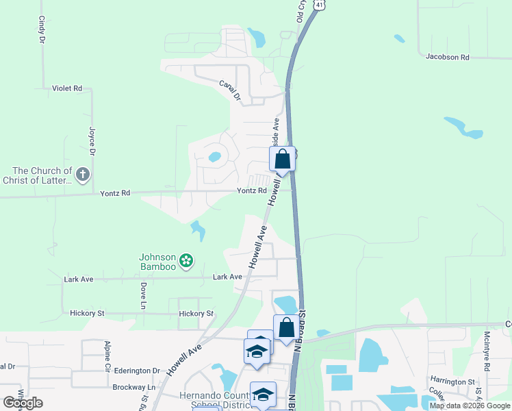 map of restaurants, bars, coffee shops, grocery stores, and more near 21298 Yontz Road in Brooksville
