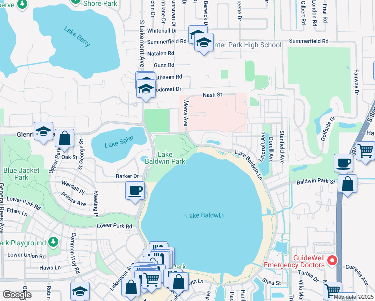 map of restaurants, bars, coffee shops, grocery stores, and more near 2380 Lake Baldwin Lane in Orlando