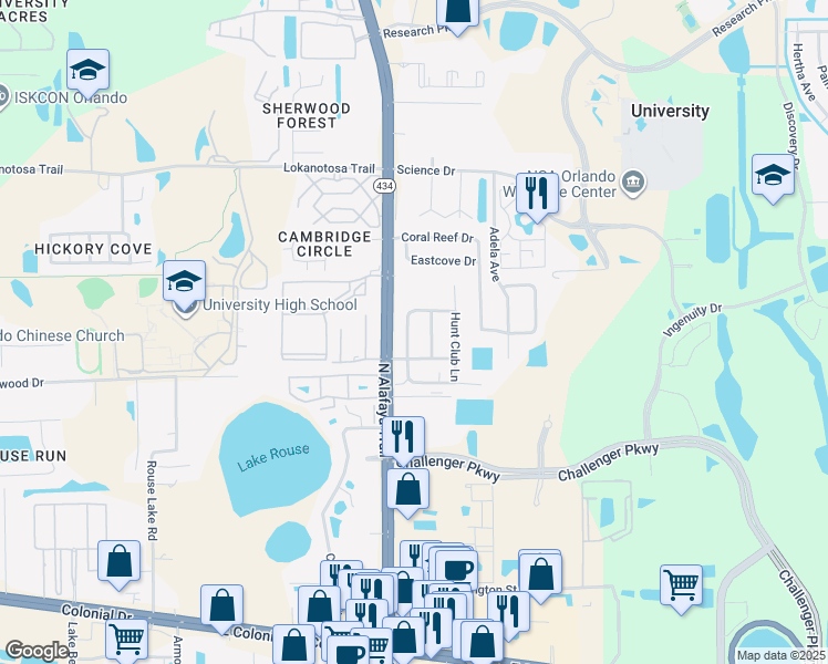 map of restaurants, bars, coffee shops, grocery stores, and more near 2727 Gray Fox Lane in Orlando