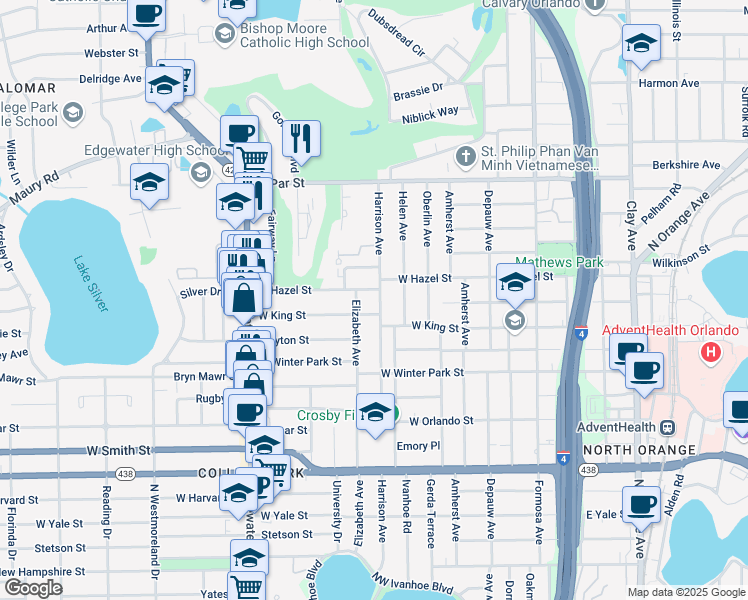 map of restaurants, bars, coffee shops, grocery stores, and more near 2914 Harrison Avenue in Orlando