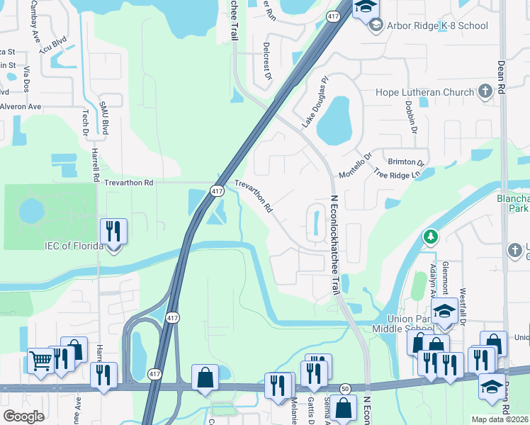 map of restaurants, bars, coffee shops, grocery stores, and more near 9314 Trevarthon Road in Orlando