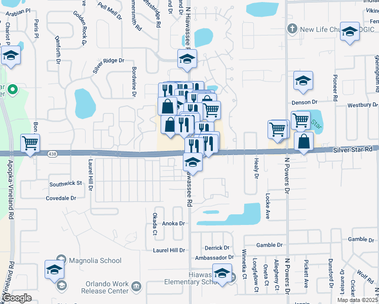 map of restaurants, bars, coffee shops, grocery stores, and more near Silver Star Rd & N Hiawassee Rd in Orlando