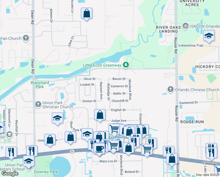 map of restaurants, bars, coffee shops, grocery stores, and more near 11503 Cameron Street in Orlando