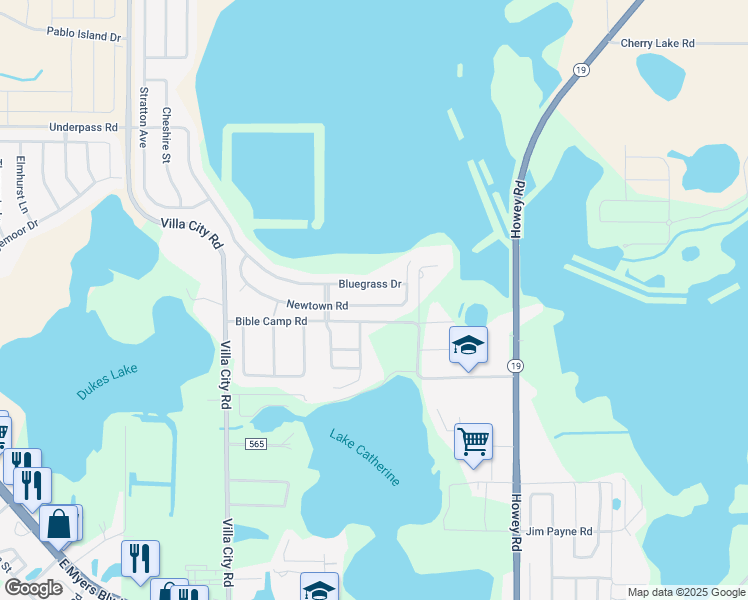 map of restaurants, bars, coffee shops, grocery stores, and more near 2073 Newtown Road in Groveland