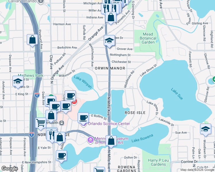 map of restaurants, bars, coffee shops, grocery stores, and more near 1124 Munster Street in Orlando