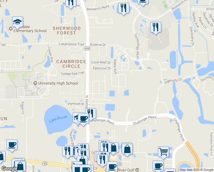 map of restaurants, bars, coffee shops, grocery stores, and more near 2735 Hunt Club Lane in Orlando