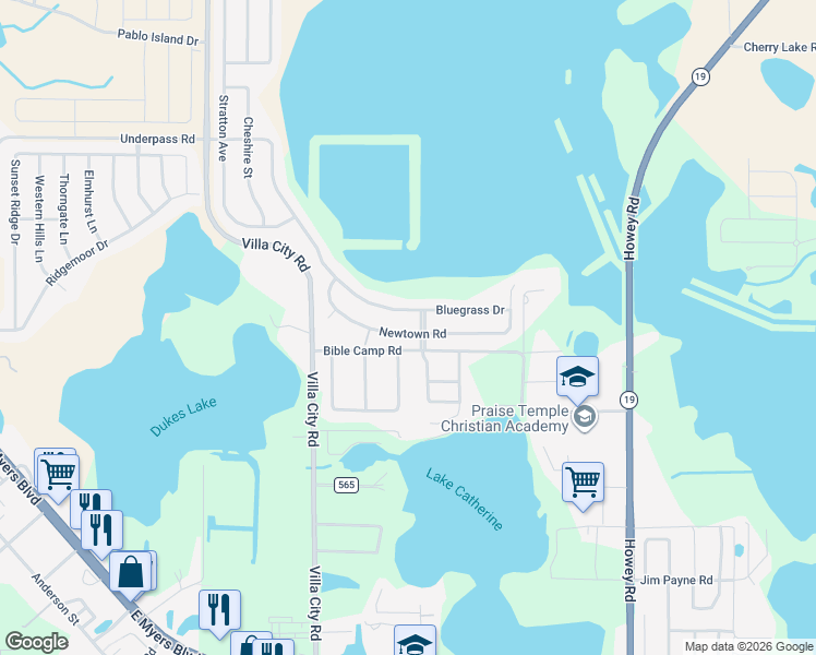 map of restaurants, bars, coffee shops, grocery stores, and more near 1100 Bluegrass Drive in Groveland