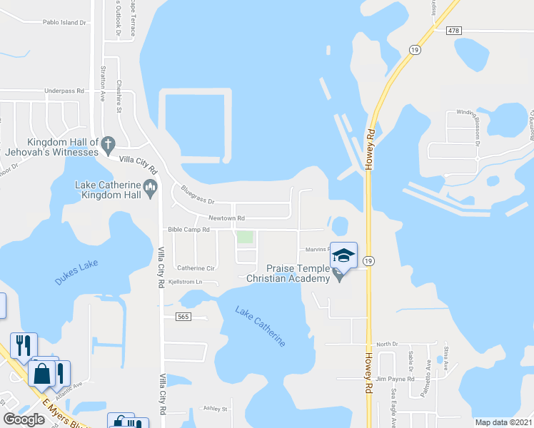 map of restaurants, bars, coffee shops, grocery stores, and more near 2073 Newtown Road in Groveland