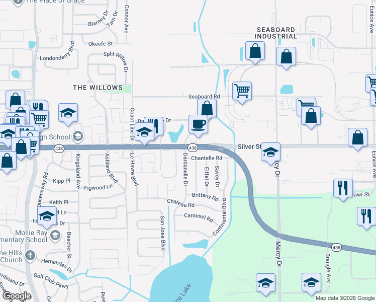 map of restaurants, bars, coffee shops, grocery stores, and more near 4408 Silver Star Road in Orlando