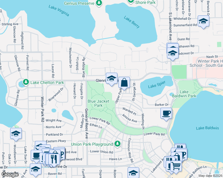 map of restaurants, bars, coffee shops, grocery stores, and more near 2900 Upper Park Road in Orlando