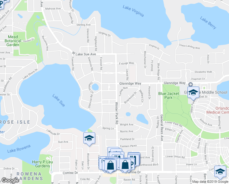 map of restaurants, bars, coffee shops, grocery stores, and more near 251 Dana Way in Winter Park