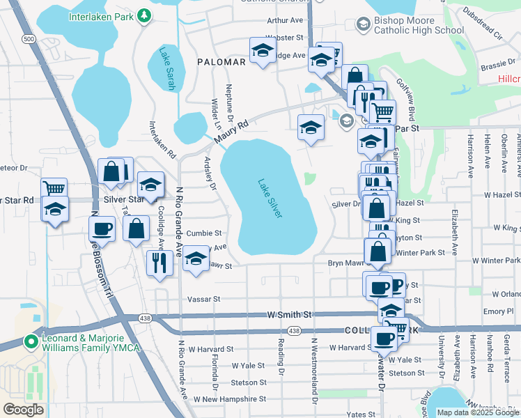 map of restaurants, bars, coffee shops, grocery stores, and more near 2801 Ardsley Drive in Orlando