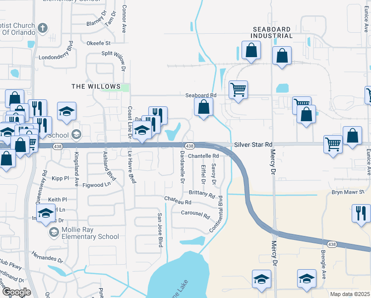 map of restaurants, bars, coffee shops, grocery stores, and more near 4408 Silver Star Road in Orlando