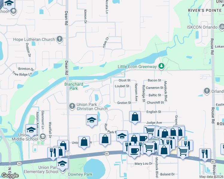 map of restaurants, bars, coffee shops, grocery stores, and more near 2342 Juno Avenue in Orlando