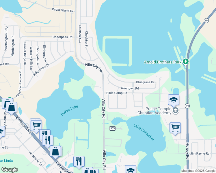 map of restaurants, bars, coffee shops, grocery stores, and more near 3005 Lorimer Court in Groveland