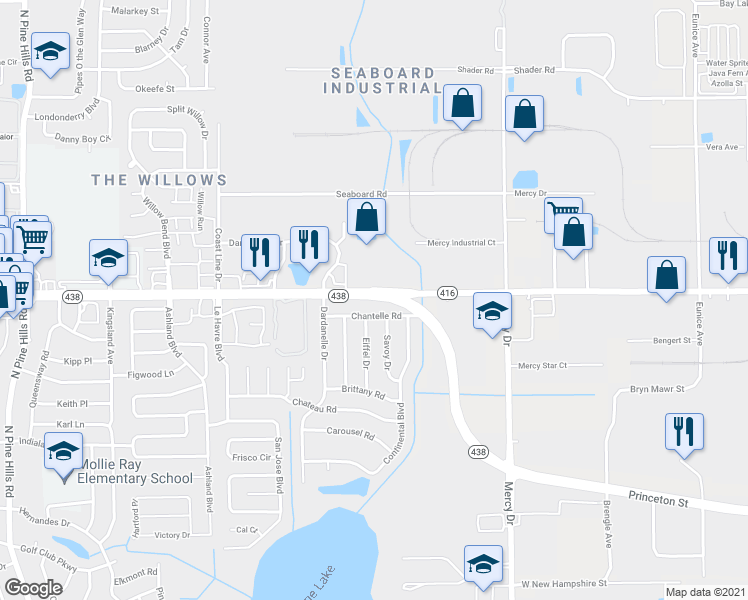 map of restaurants, bars, coffee shops, grocery stores, and more near 4048 West Princeton Street in Pine Hills
