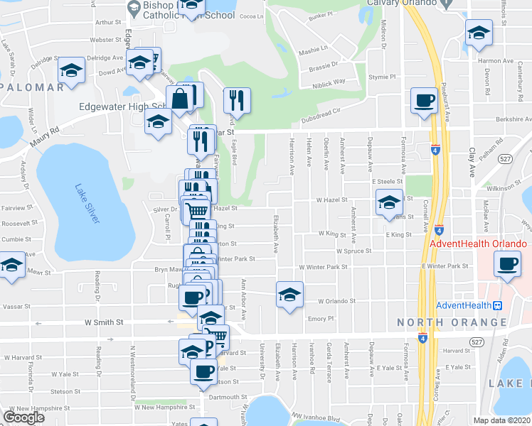 map of restaurants, bars, coffee shops, grocery stores, and more near 514 West Hazel Street in Orlando