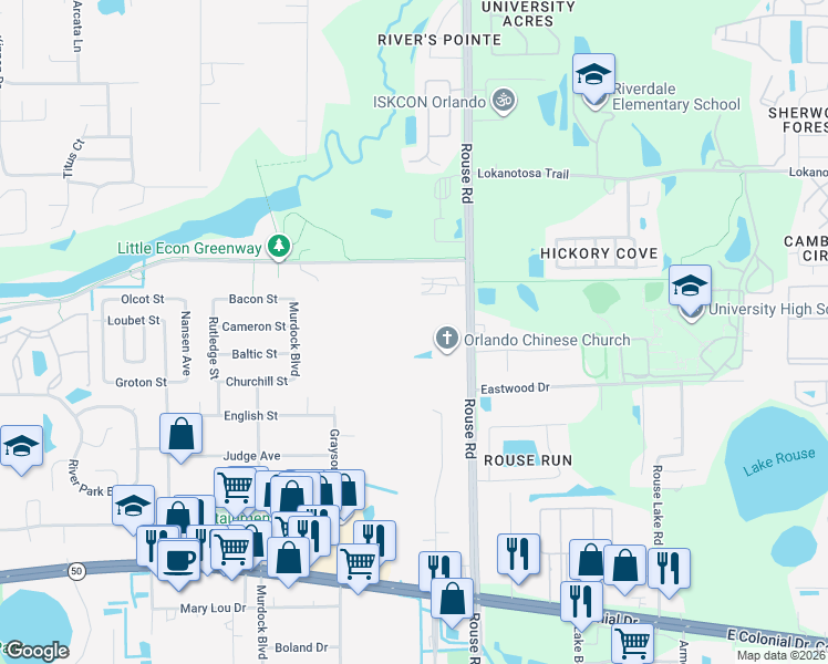 map of restaurants, bars, coffee shops, grocery stores, and more near 2328 Rouse Road in Orlando