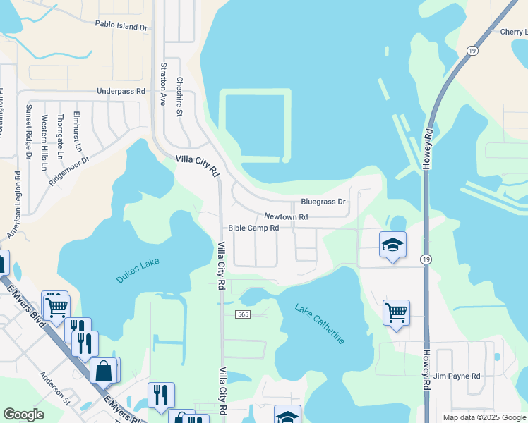 map of restaurants, bars, coffee shops, grocery stores, and more near 2031 Newtown Road in Groveland