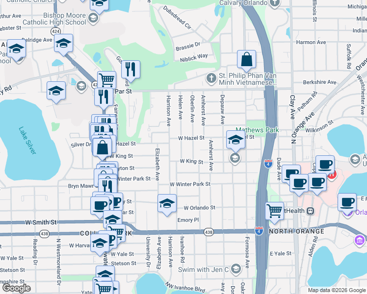 map of restaurants, bars, coffee shops, grocery stores, and more near 2931 Helen Avenue in Orlando