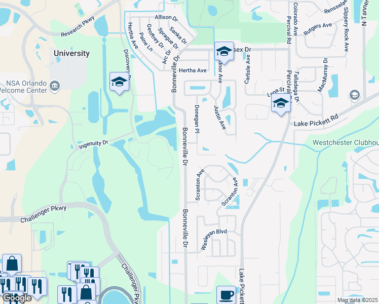 map of restaurants, bars, coffee shops, grocery stores, and more near 2124 Bonneville Drive in Orlando