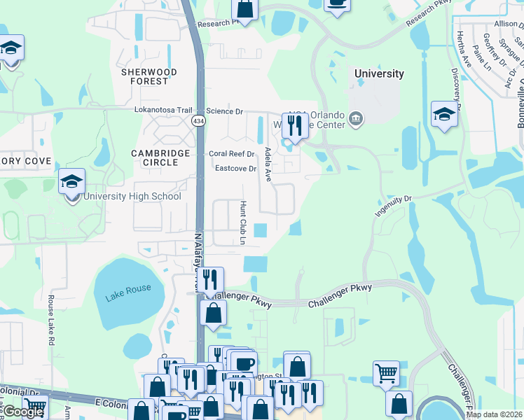 map of restaurants, bars, coffee shops, grocery stores, and more near 2735 Coral Reef Drive in Orlando