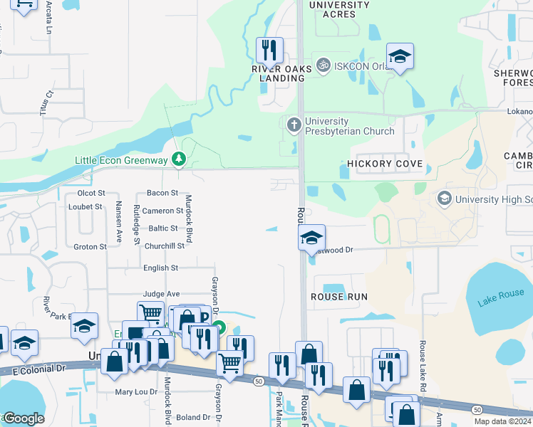 map of restaurants, bars, coffee shops, grocery stores, and more near 2328 Rouse Road in Orlando