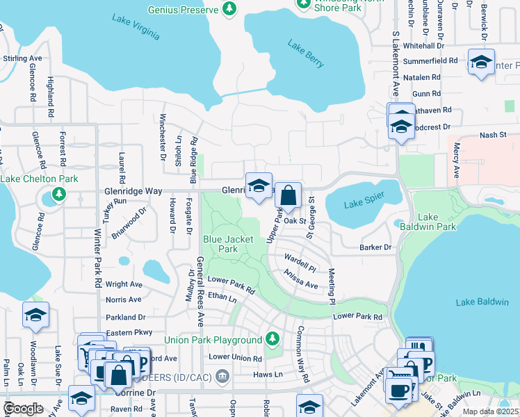 map of restaurants, bars, coffee shops, grocery stores, and more near 2900 Upper Park Road in Orlando