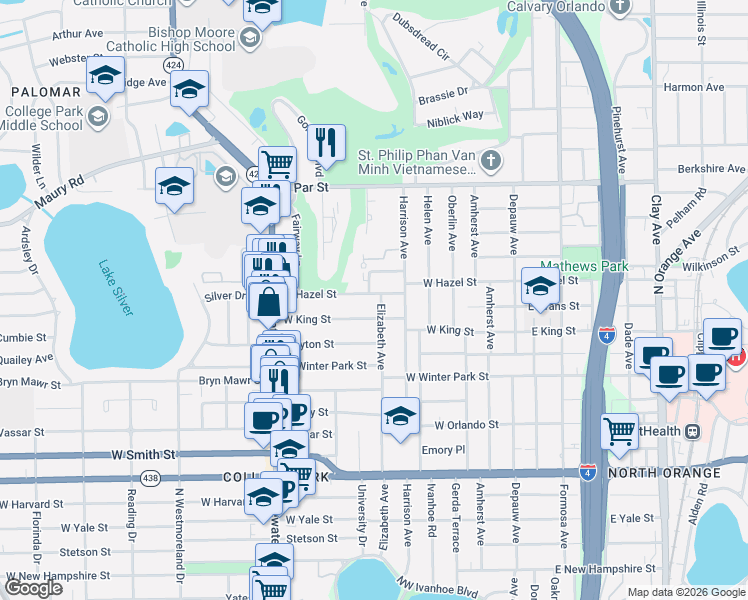 map of restaurants, bars, coffee shops, grocery stores, and more near 514 West Hazel Street in Orlando