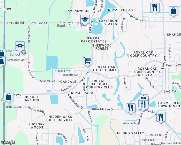map of restaurants, bars, coffee shops, grocery stores, and more near 2511 South Park Avenue in Titusville