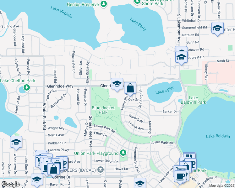 map of restaurants, bars, coffee shops, grocery stores, and more near 2900 Upper Park Road in Orlando