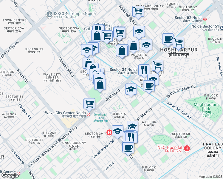 map of restaurants, bars, coffee shops, grocery stores, and more near A 50 Golf Marg in Noida