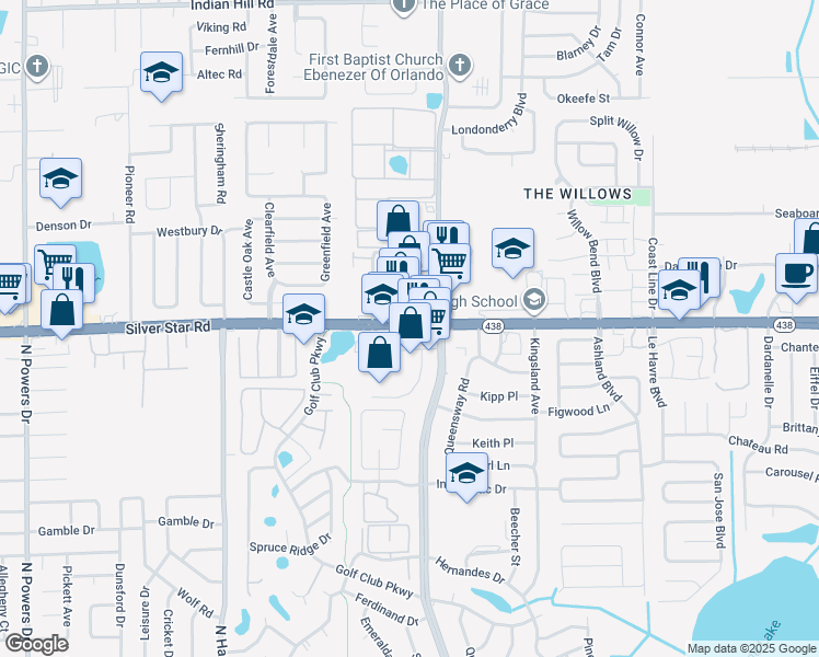map of restaurants, bars, coffee shops, grocery stores, and more near 5324 Silver Star Road in Orlando