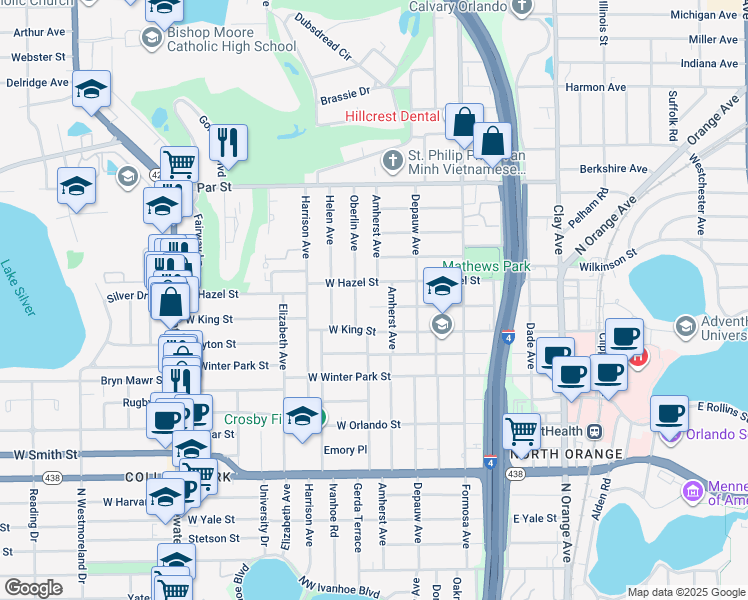 map of restaurants, bars, coffee shops, grocery stores, and more near 117 W Evans St in Orlando