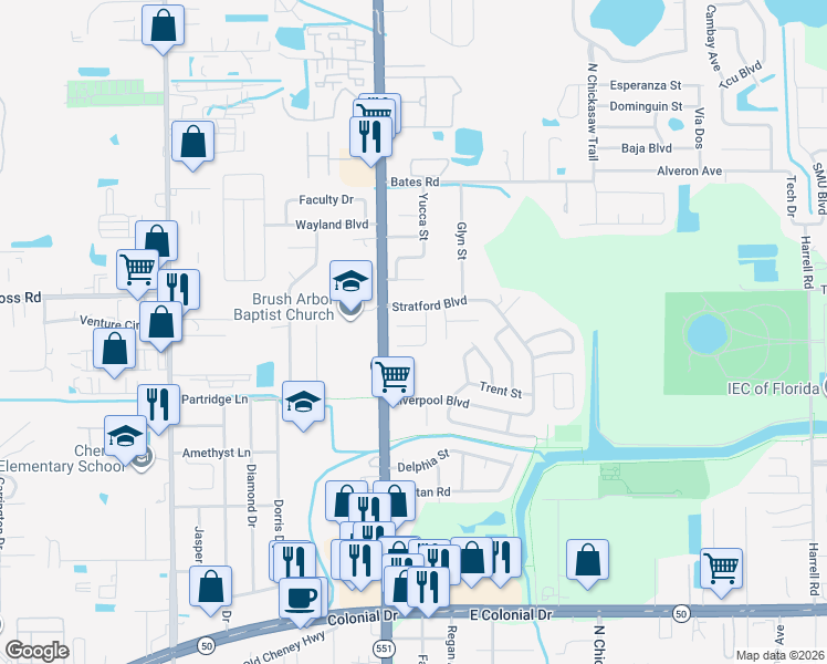map of restaurants, bars, coffee shops, grocery stores, and more near 7524 Liz Anne Court in Orlando