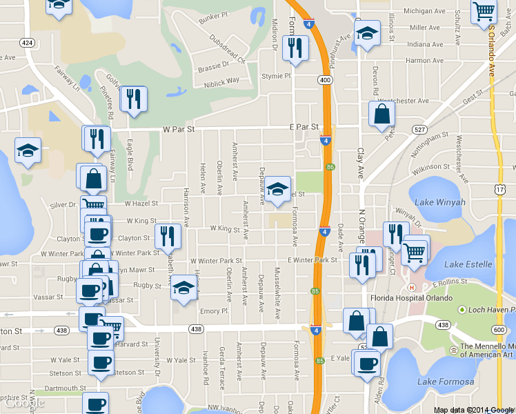 map of restaurants, bars, coffee shops, grocery stores, and more near 7 West Evans Street in Orlando