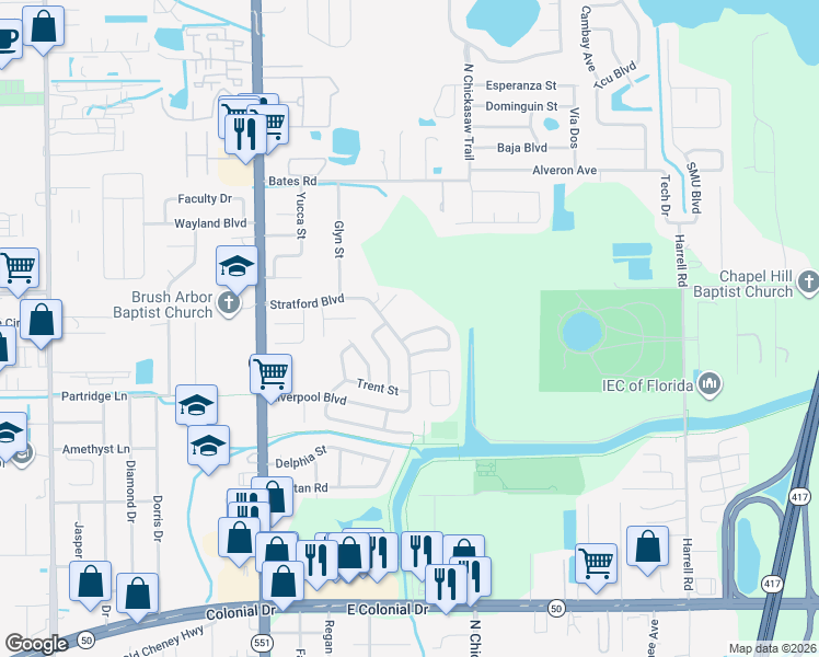 map of restaurants, bars, coffee shops, grocery stores, and more near 8071 Rhea Circle in Orlando