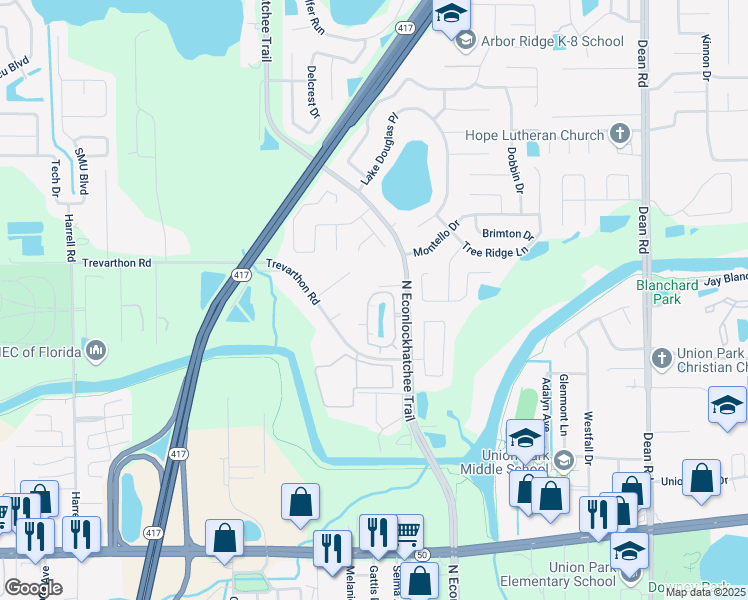 map of restaurants, bars, coffee shops, grocery stores, and more near 2458 Econ Circle in Orlando