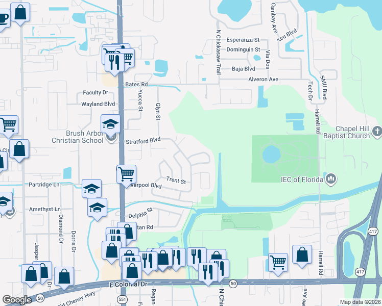 map of restaurants, bars, coffee shops, grocery stores, and more near 8071 Rhea Circle in Orlando
