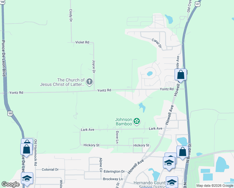 map of restaurants, bars, coffee shops, grocery stores, and more near 21150 Yontz Road in Brooksville