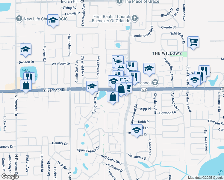 map of restaurants, bars, coffee shops, grocery stores, and more near 5386 Silver Star Road in Orlando