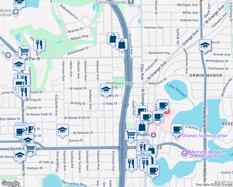 map of restaurants, bars, coffee shops, grocery stores, and more near 115 East Evans Street in Orlando