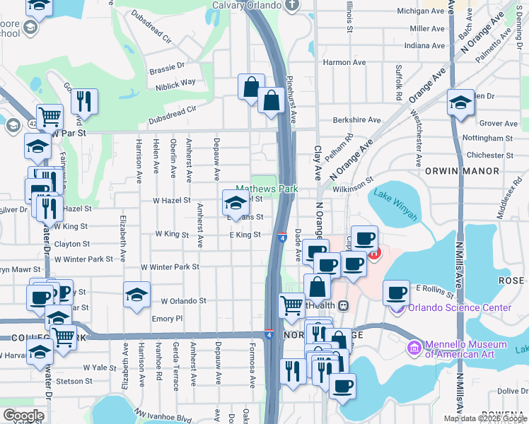 map of restaurants, bars, coffee shops, grocery stores, and more near 115 East Evans Street in Orlando