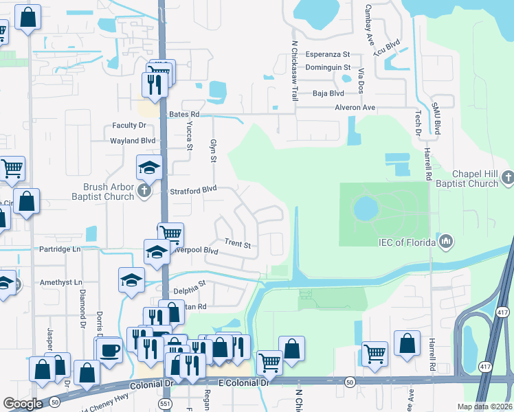 map of restaurants, bars, coffee shops, grocery stores, and more near 8071 Rhea Circle in Orlando